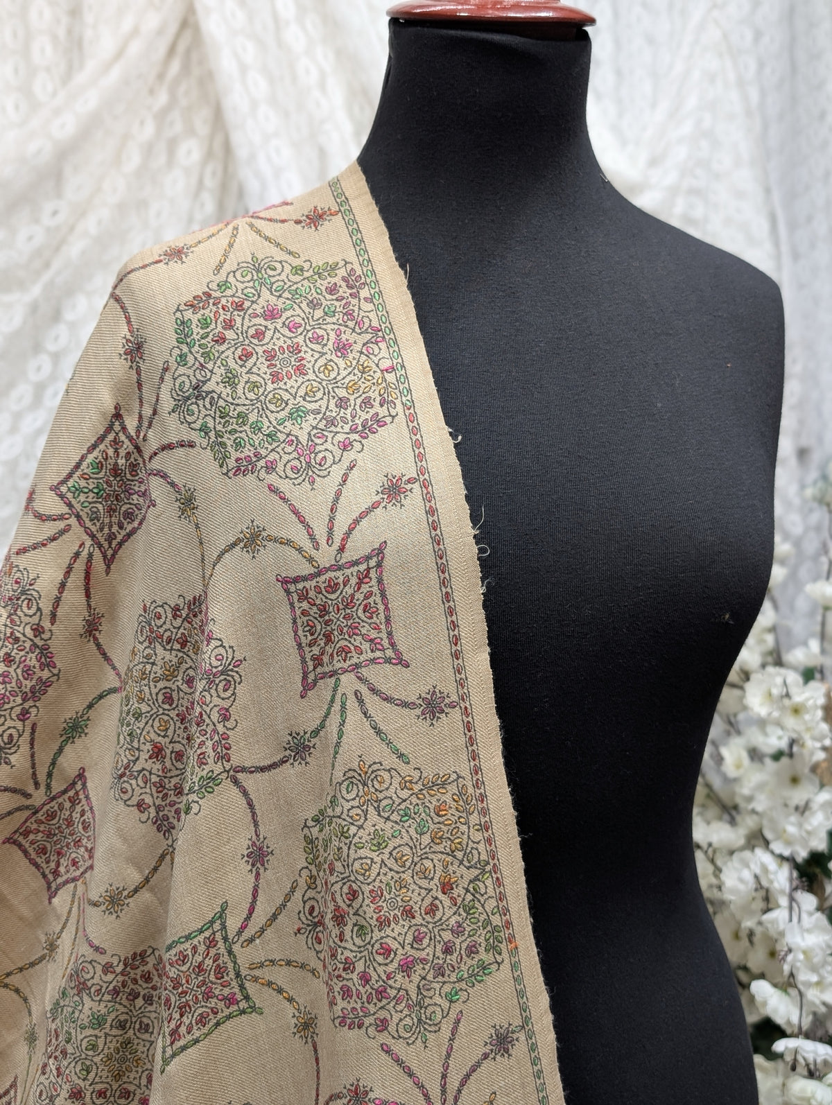 Pashmina Shawl | Hand Embroidery on Print Beautiful Shawl | Light Skin