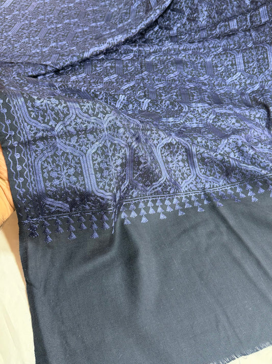 Pashmina Full Embroidered Shawl Nalki Jaal | Blue on Blue