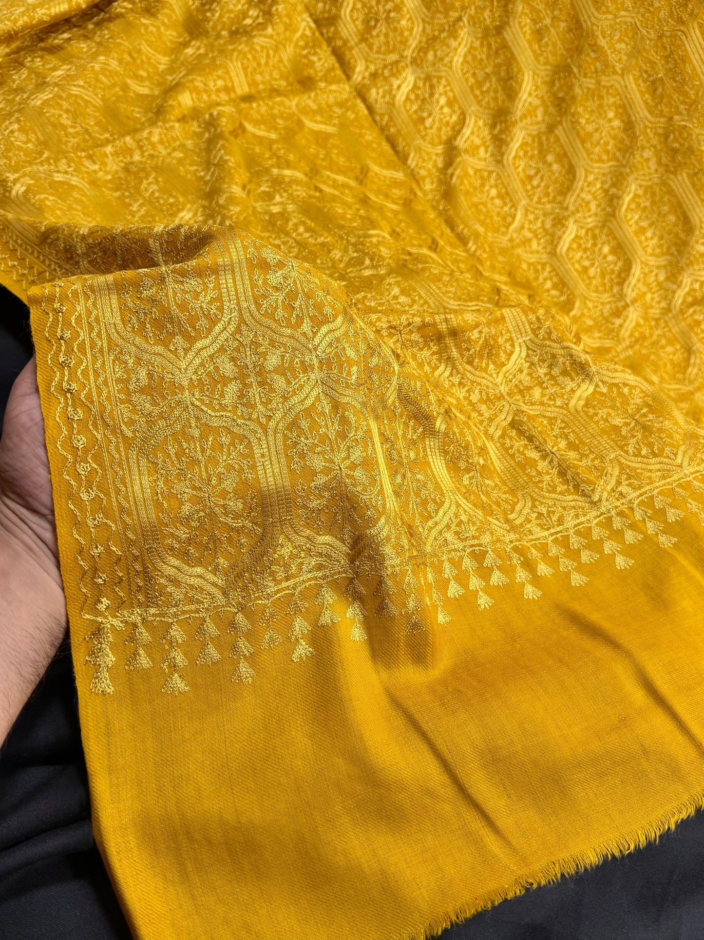 Pashmina Full Embroidered Shawl Nalki Jaal | Mustard on Mustard