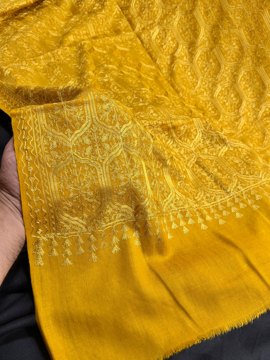 Pashmina Full Embroidered Shawl Nalki Jaal | Mustard on Mustard