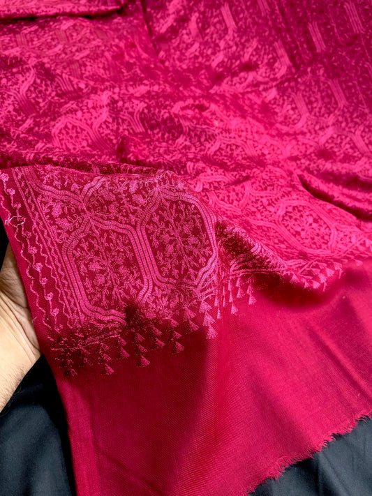 Pashmina Full Embroidered Shawl Nalki Jaal | Maroon on Maroon