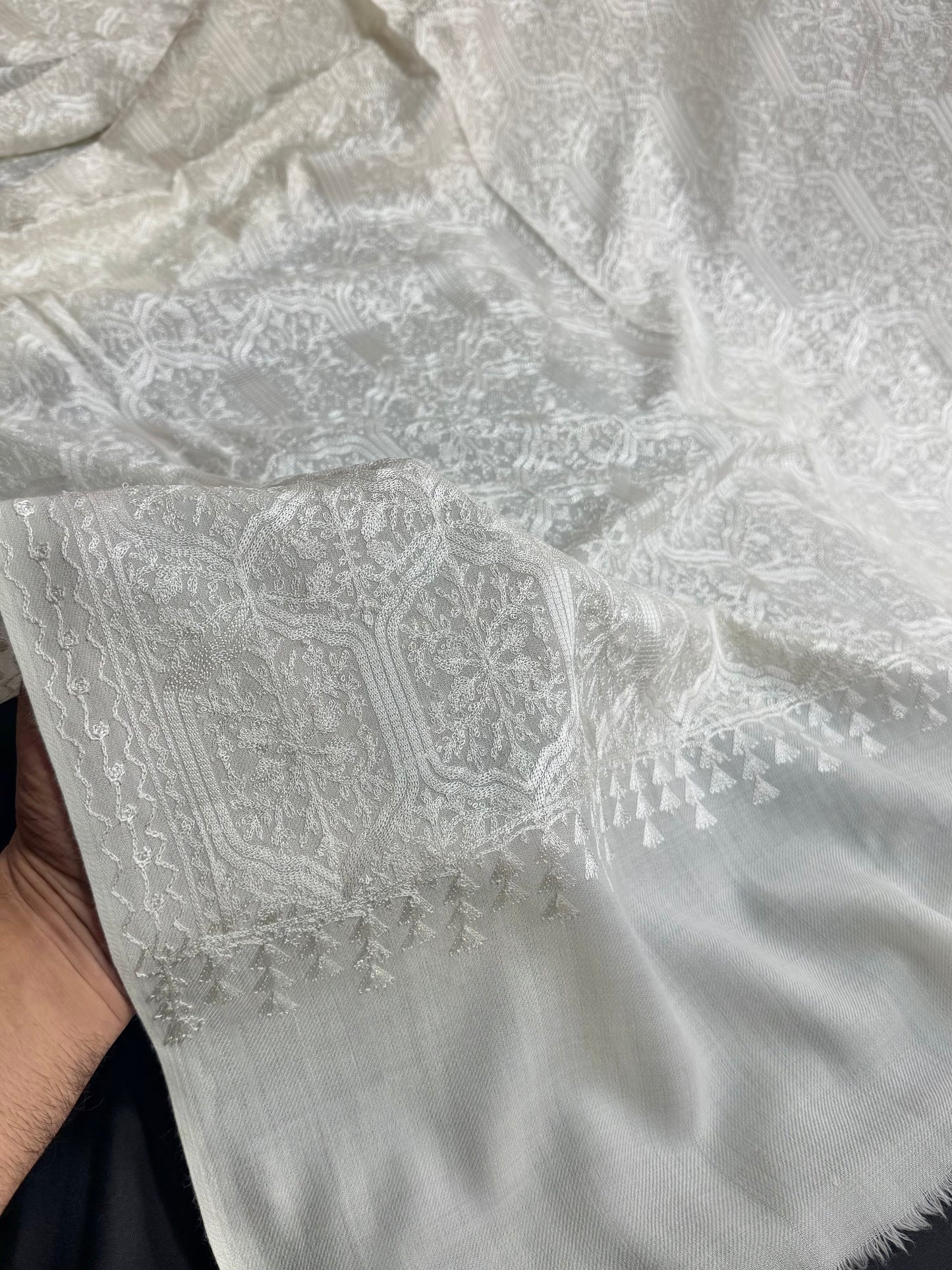 Pashmina Full Embroidered Shawl Nalki Jaal | White on White