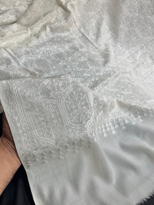 Pashmina Full Embroidered Shawl Nalki Jaal | White on White
