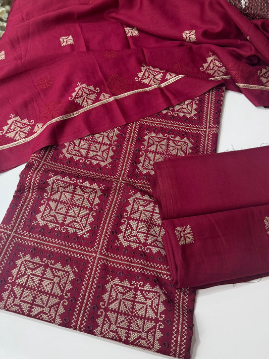 Karandi 3 Piece Embroidered Suit With Same Dupatta Shawl | Maroon