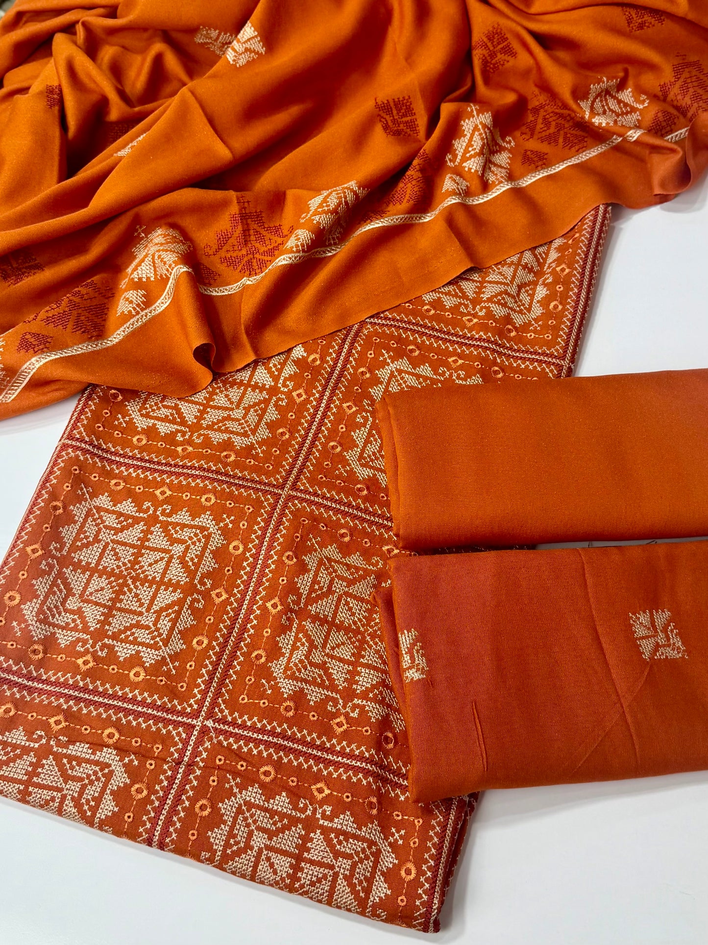 Karandi 3 Piece Embroidered Suit With Same Dupatta Shawl | Rust