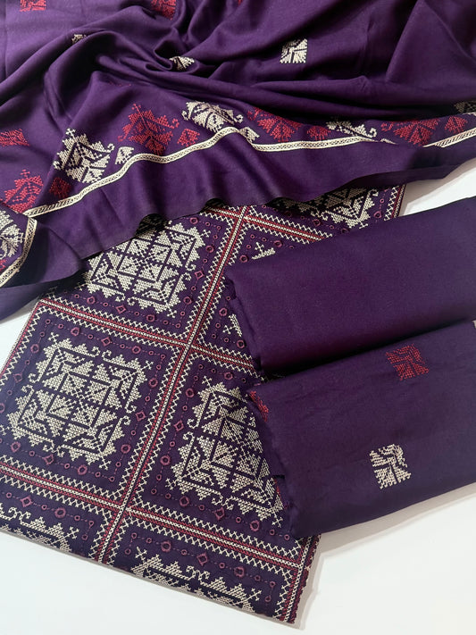 Karandi 3 Piece Embroidered Suit With Same Dupatta Shawl | Purple