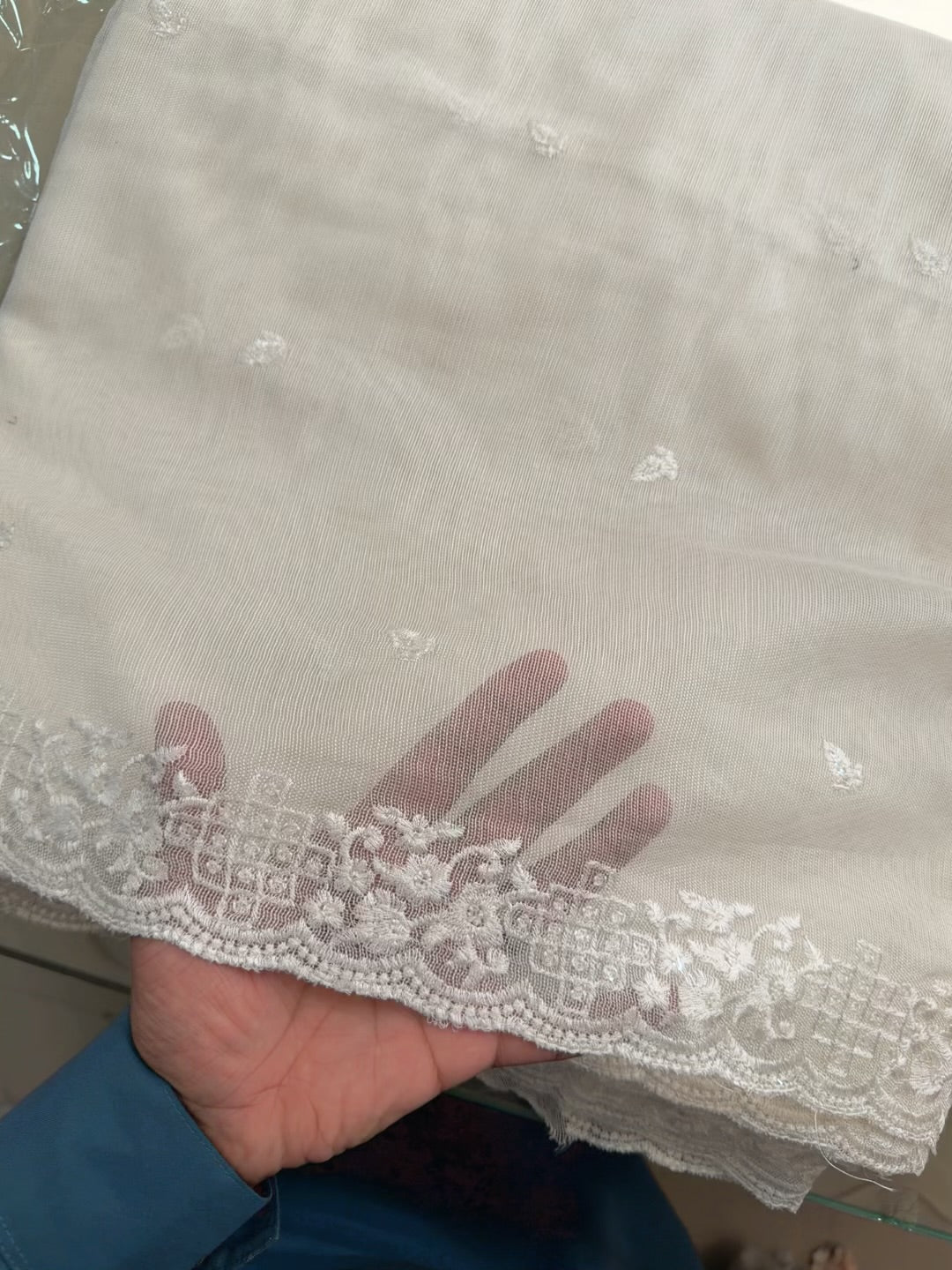 Cotton Net Embroidered Dupatta Border and Bouti Work