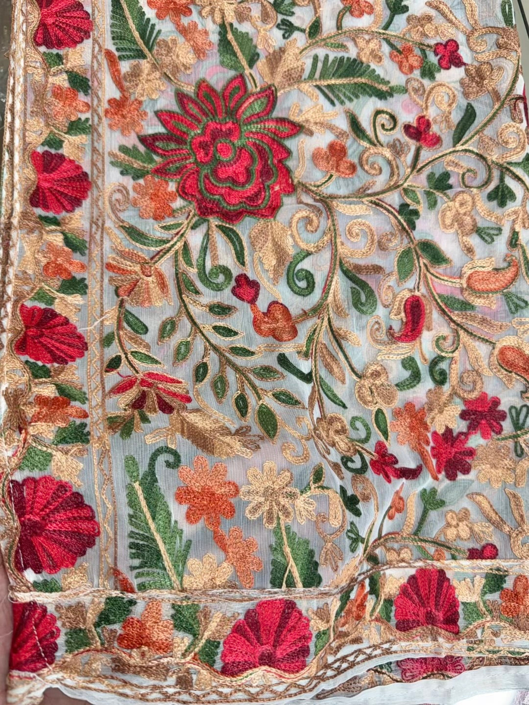 Crinkle Chiffon Kashmiri Multi Jaal Embroidered Dupatta | White With Multi Embroidery