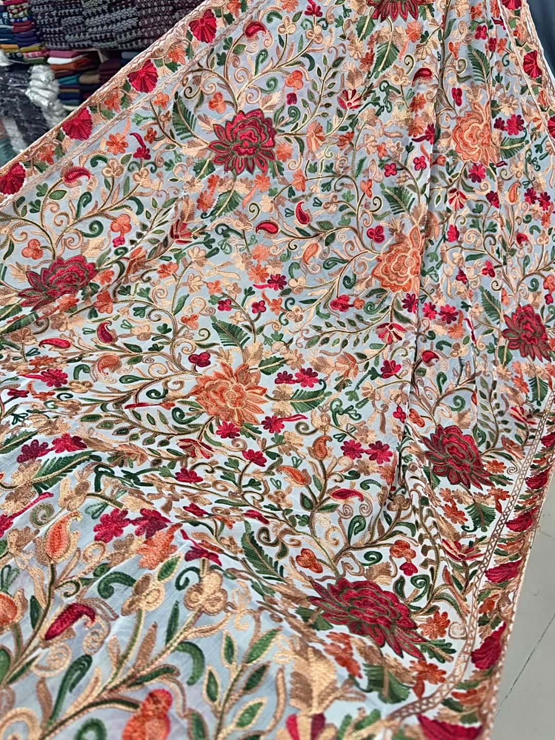 Crinkle Chiffon Kashmiri Multi Jaal Embroidered Dupatta | White With Multi Embroidery