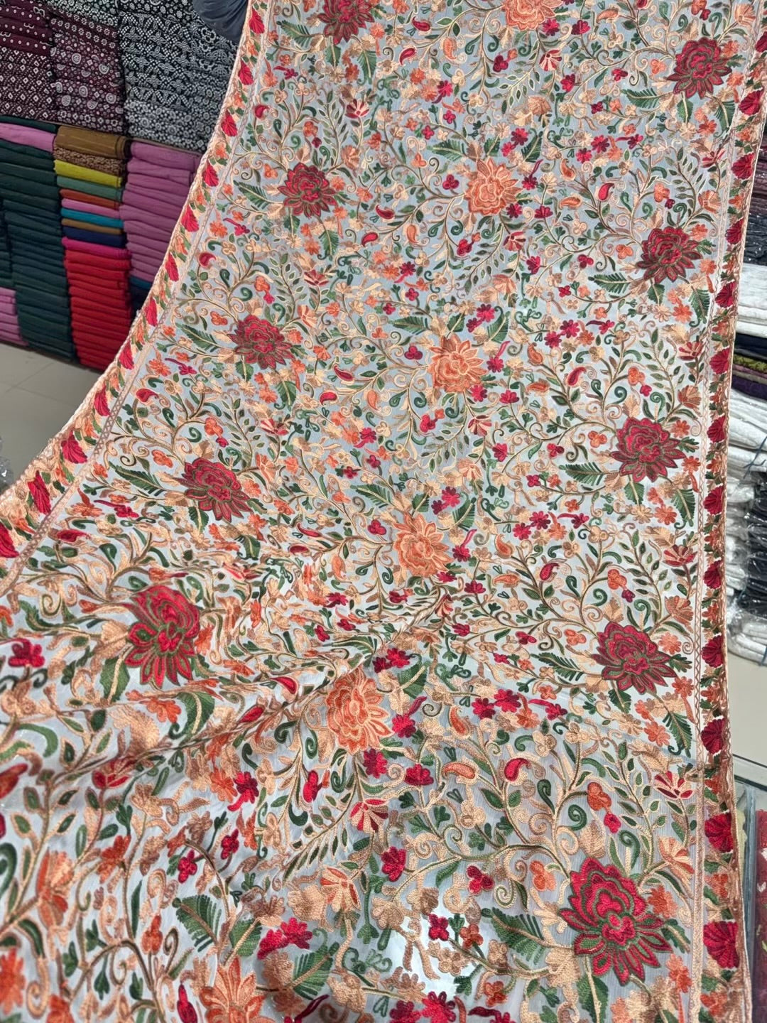 Crinkle Chiffon Kashmiri Multi Jaal Embroidered Dupatta | White With Multi Embroidery