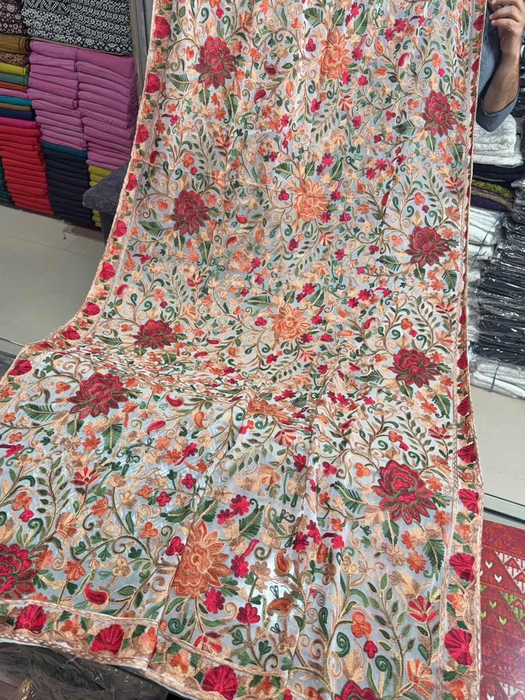 Crinkle Chiffon Kashmiri Multi Jaal Embroidered Dupatta | White With Multi Embroidery