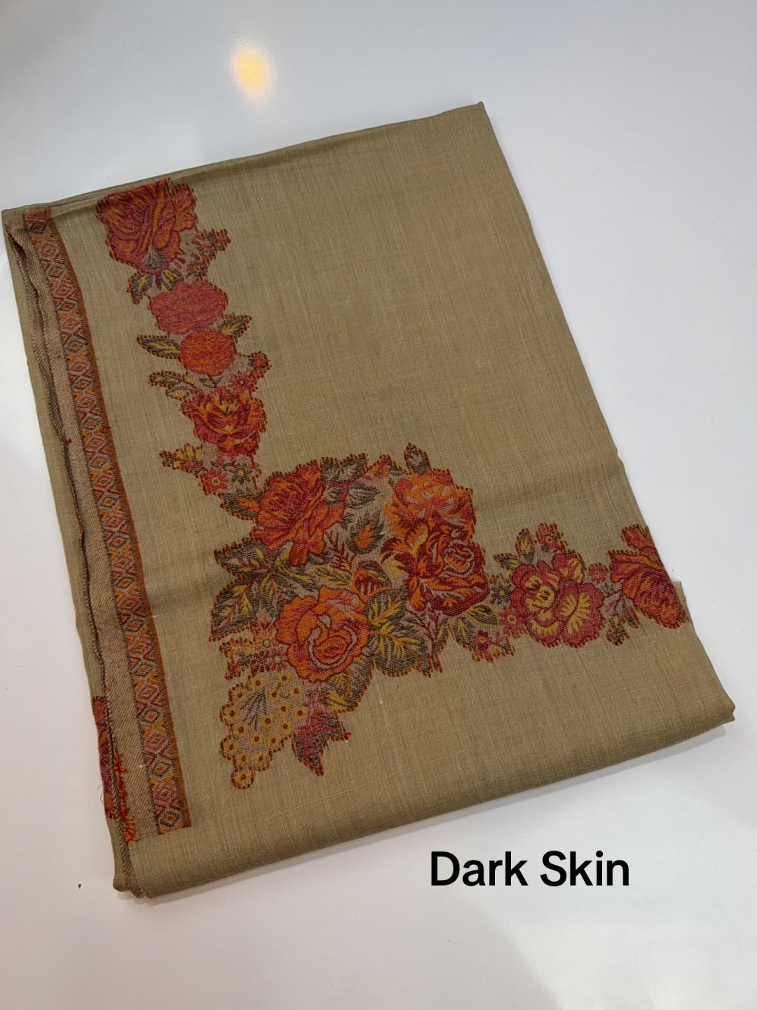 Pashmina Wool Kani Border Shawl in Full Size Gulabkar Border | Dark Skin