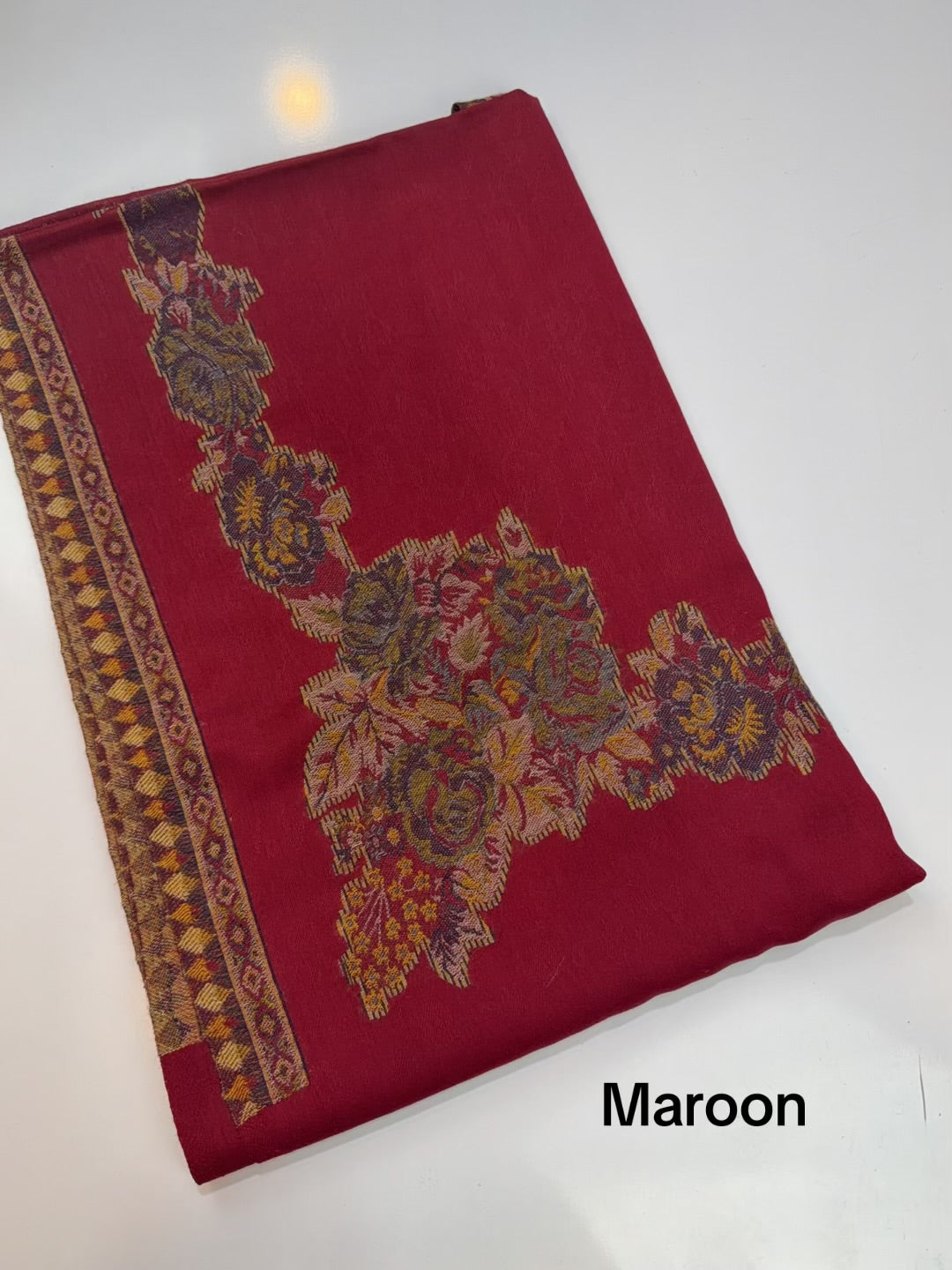 Pashmina Wool Kani Border Shawl in Full Size Gulabkar Border | Maroon