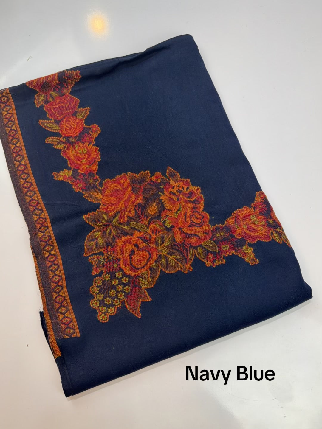 Pashmina Wool Kani Border Shawl in Full Size Gulabkar Border | Navy Blue