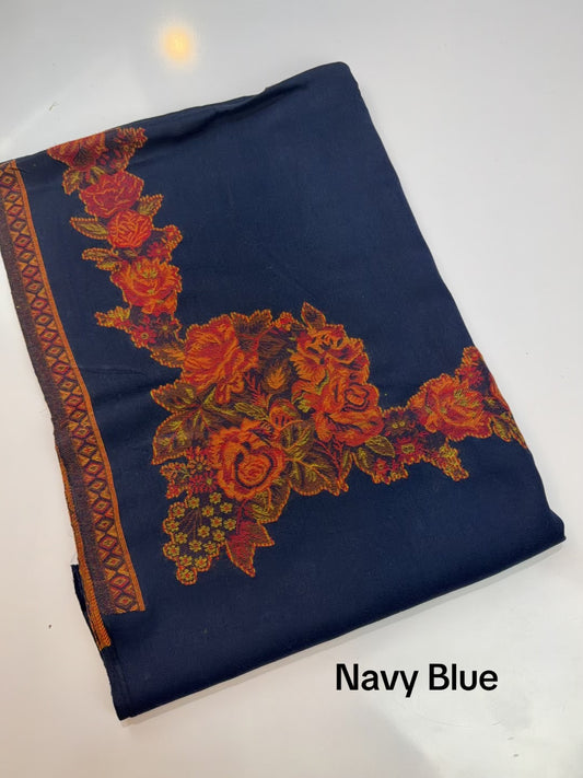 Pashmina Wool Kani Border Shawl in Full Size Gulabkar Border | Navy Blue