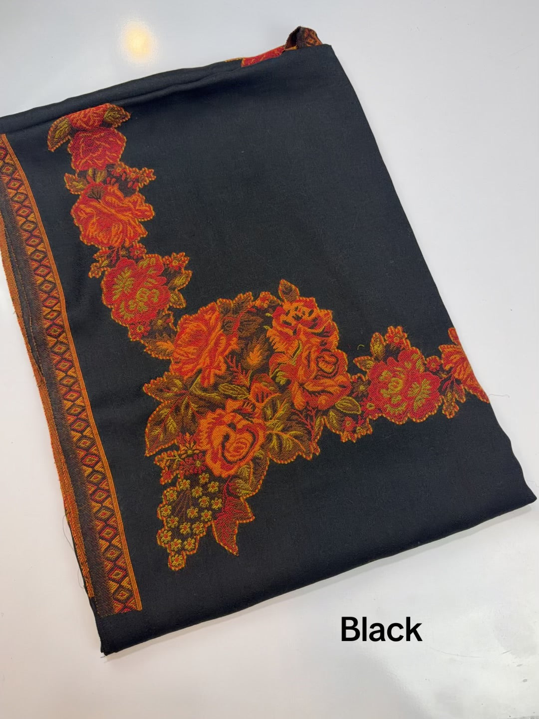 Pashmina Wool Kani Border Shawl in Full Size Gulabkar Border | Black