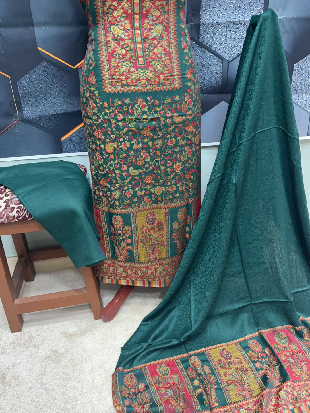 New Kani Pashmina Allover Design 3 Piece Unstitched Suit | Bottle Green