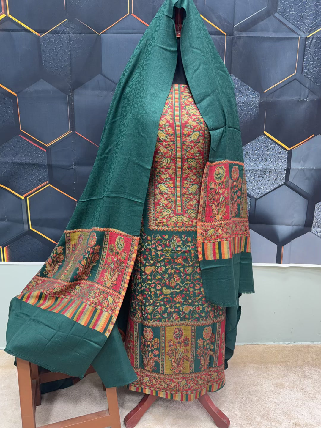 New Kani Pashmina Allover Design 3 Piece Unstitched Suit | Bottle Green