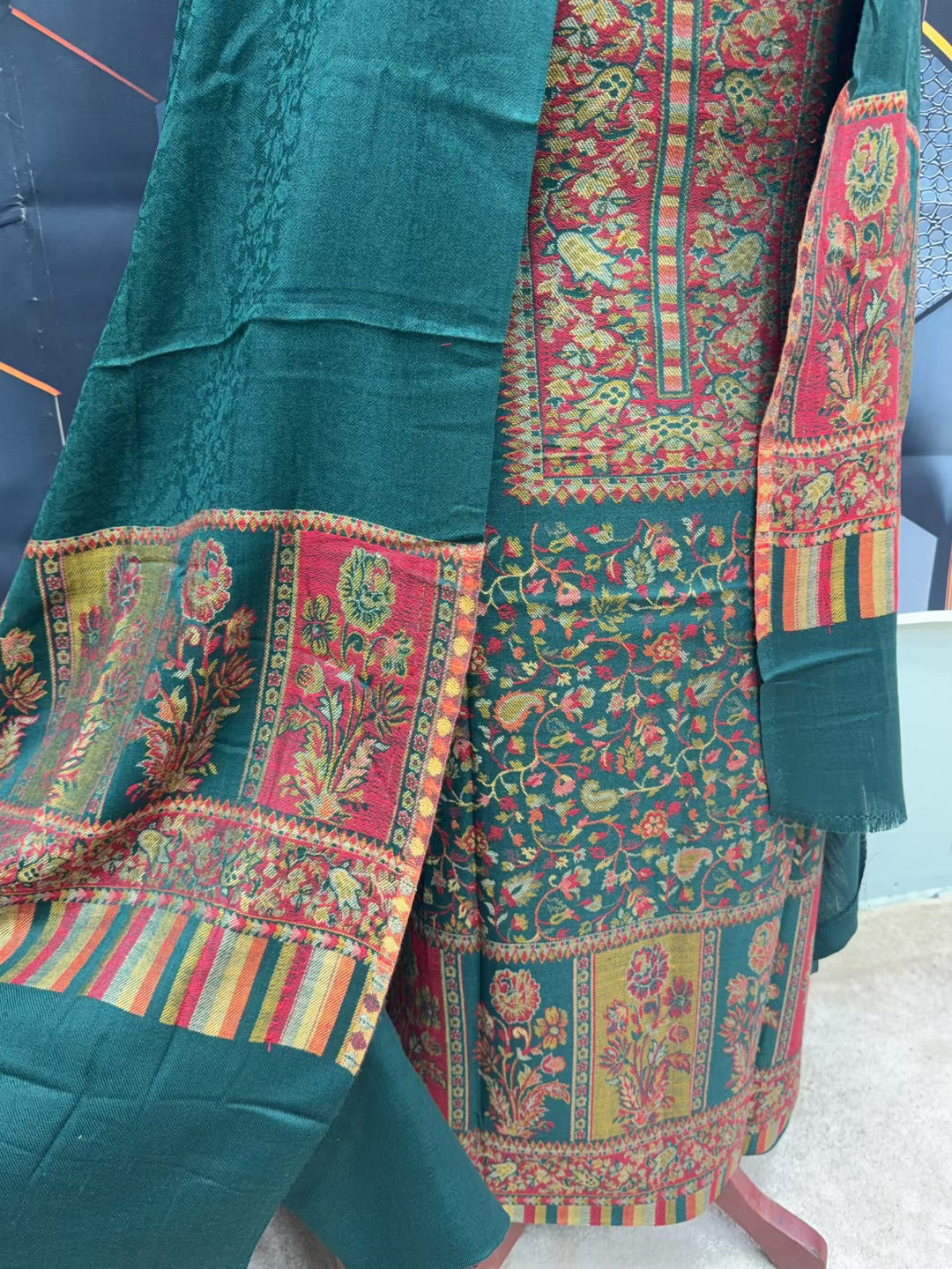New Kani Pashmina Allover Design 3 Piece Unstitched Suit | Bottle Green