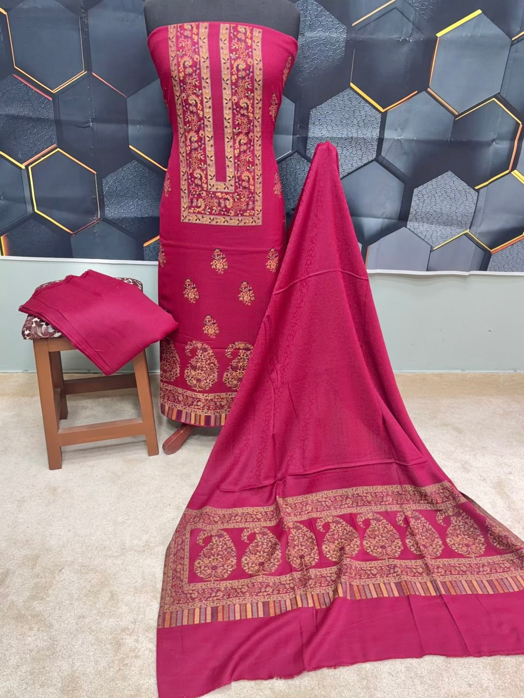 Special Kani Pashmina 3 Piece Unstitched Suit | Hot Pink Color