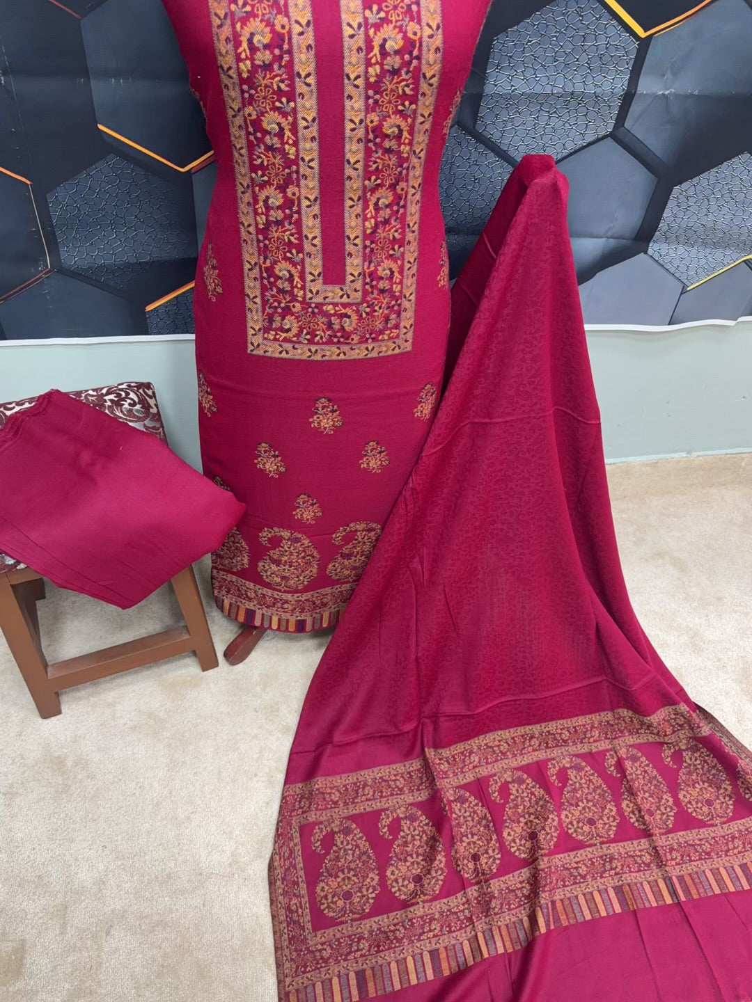 Special Kani Pashmina 3 Piece Unstitched Suit | Hot Pink Color