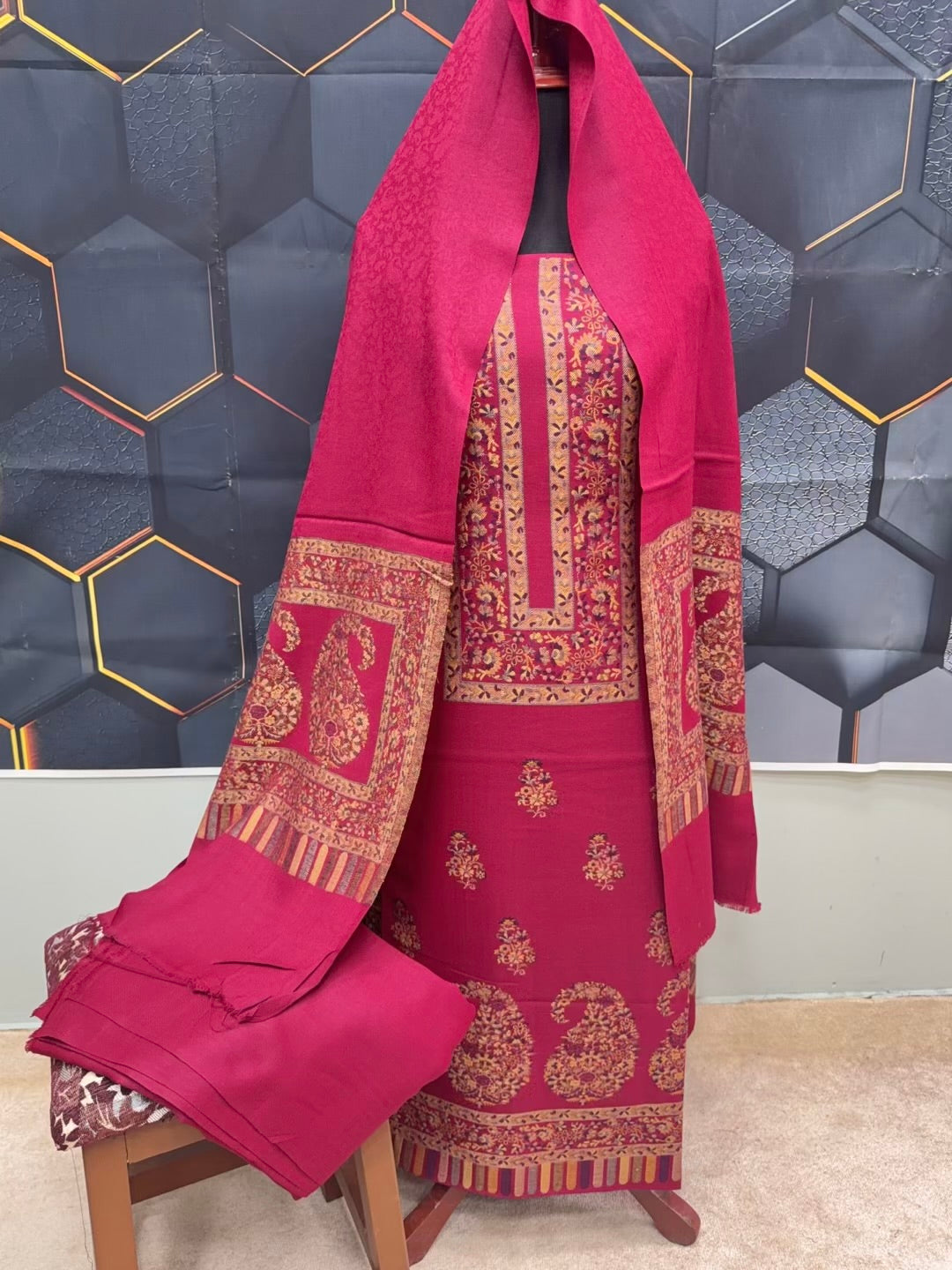 Special Kani Pashmina 3 Piece Unstitched Suit | Hot Pink Color