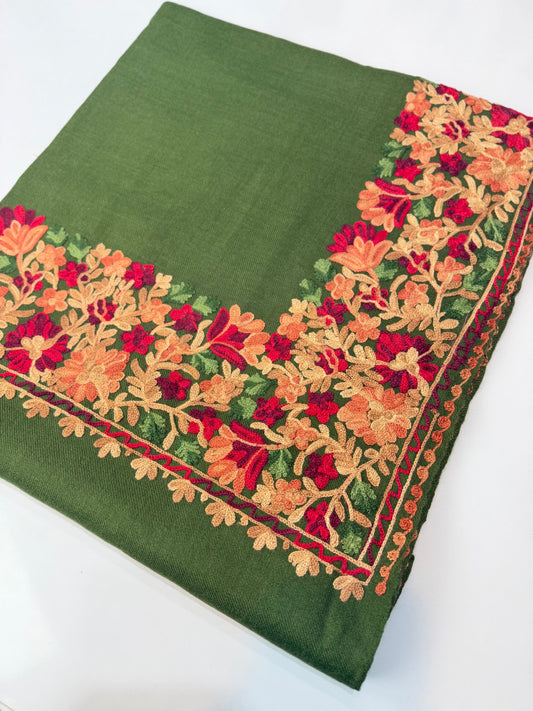Pashmina Stole | Aari Border Embroidery 4 Side Border Perfect Gift | Mehndi Green