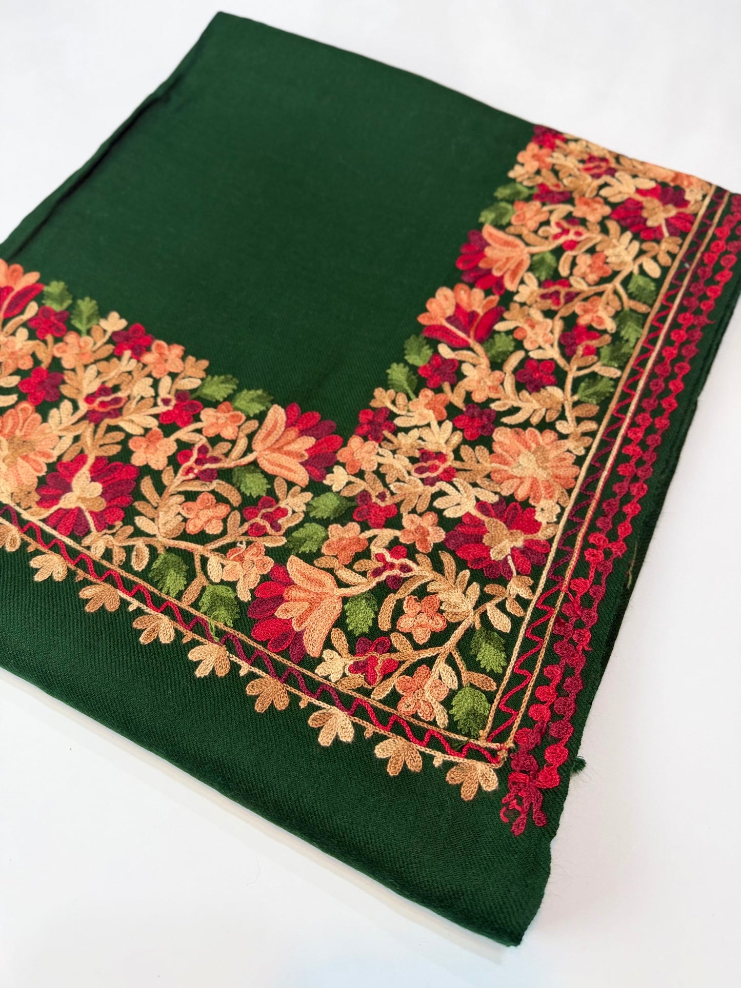 Pashmina Stole | Aari Border Embroidery 4 Side Border Perfect Gift | Dark Green