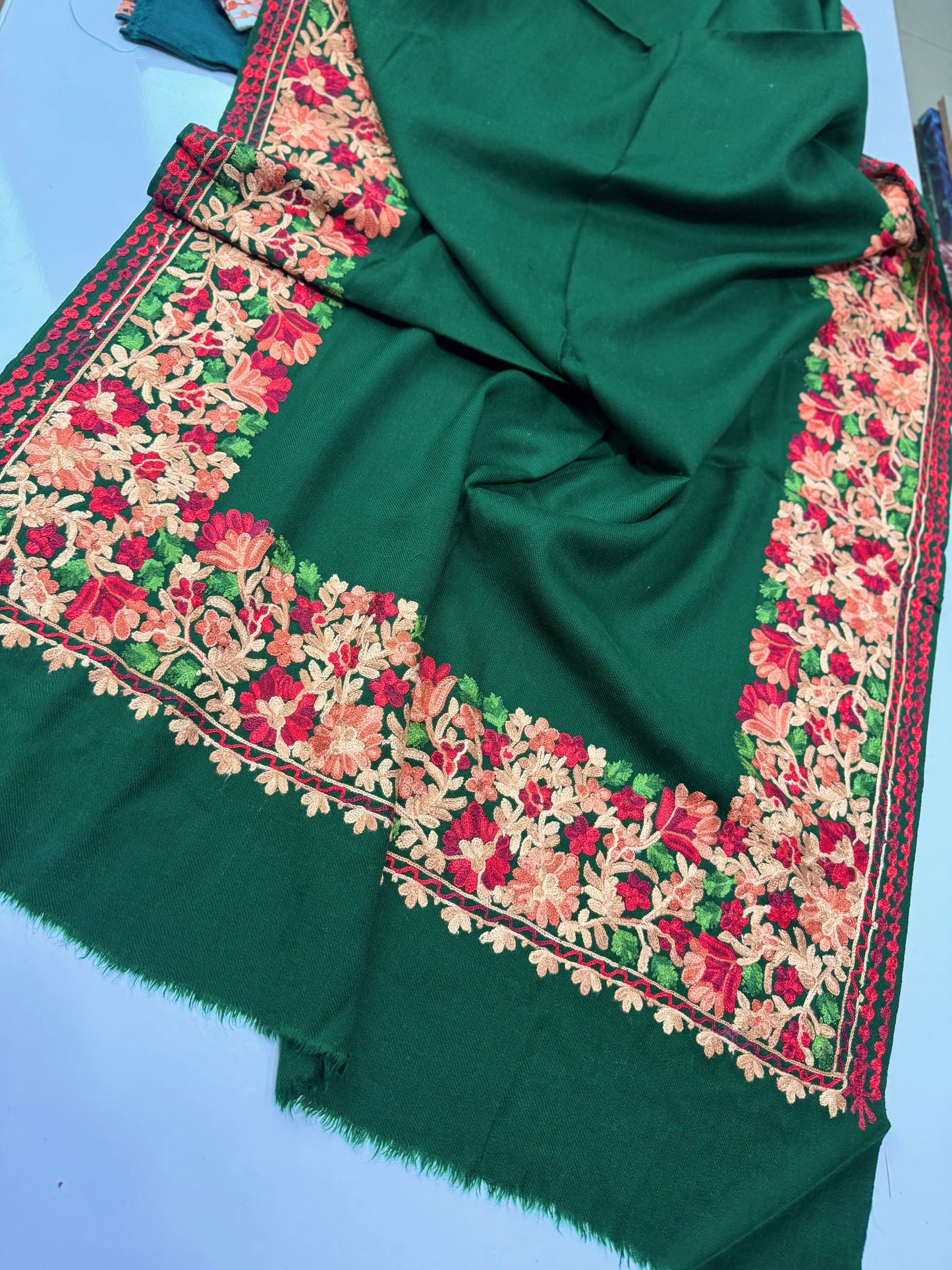 Pashmina Stole | Aari Border Embroidery 4 Side Border Perfect Gift | Dark Green