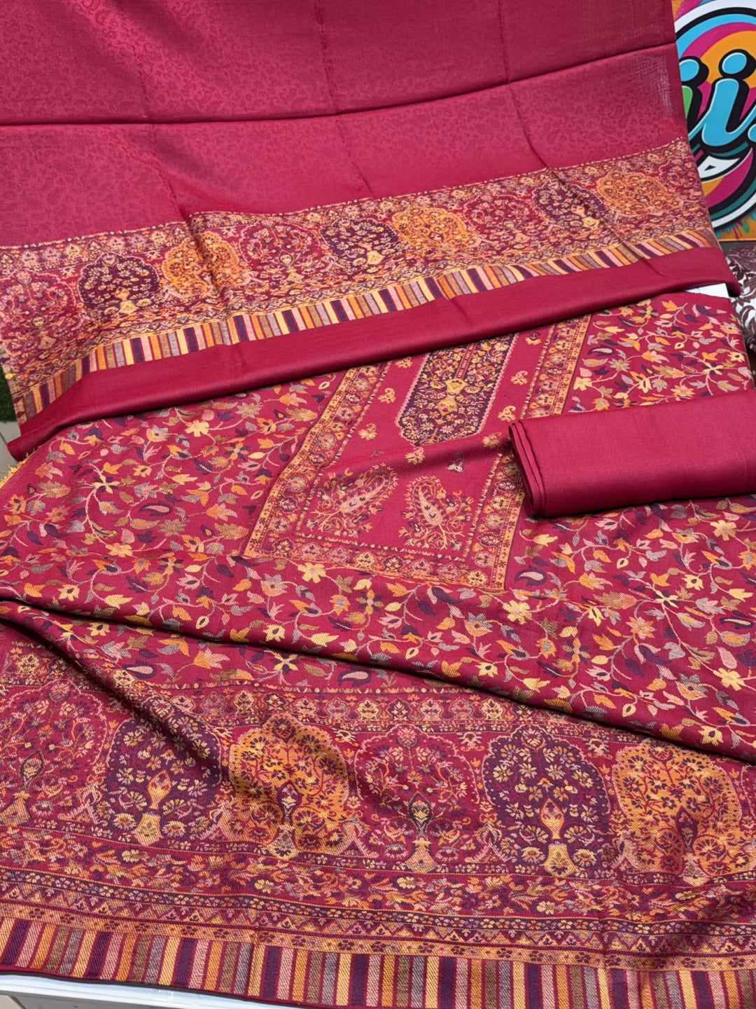 Special Kani Pashmina 3 Piece Unstitched Suit | Maroon