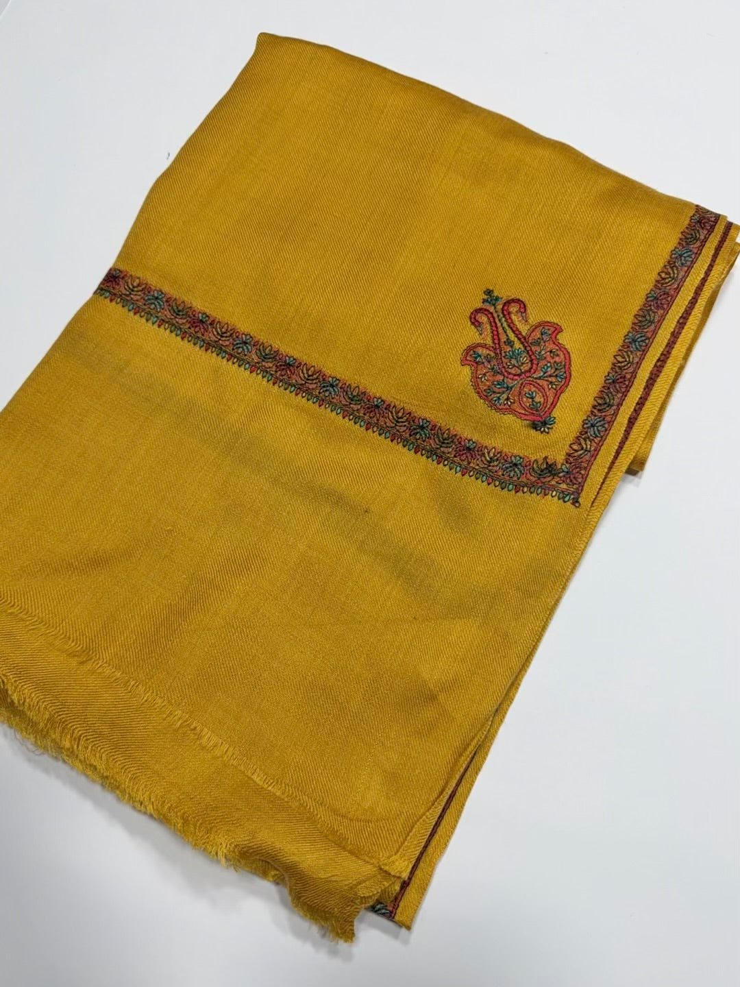 Kingri Border Embroidered Pashmina Shawl | Mustard