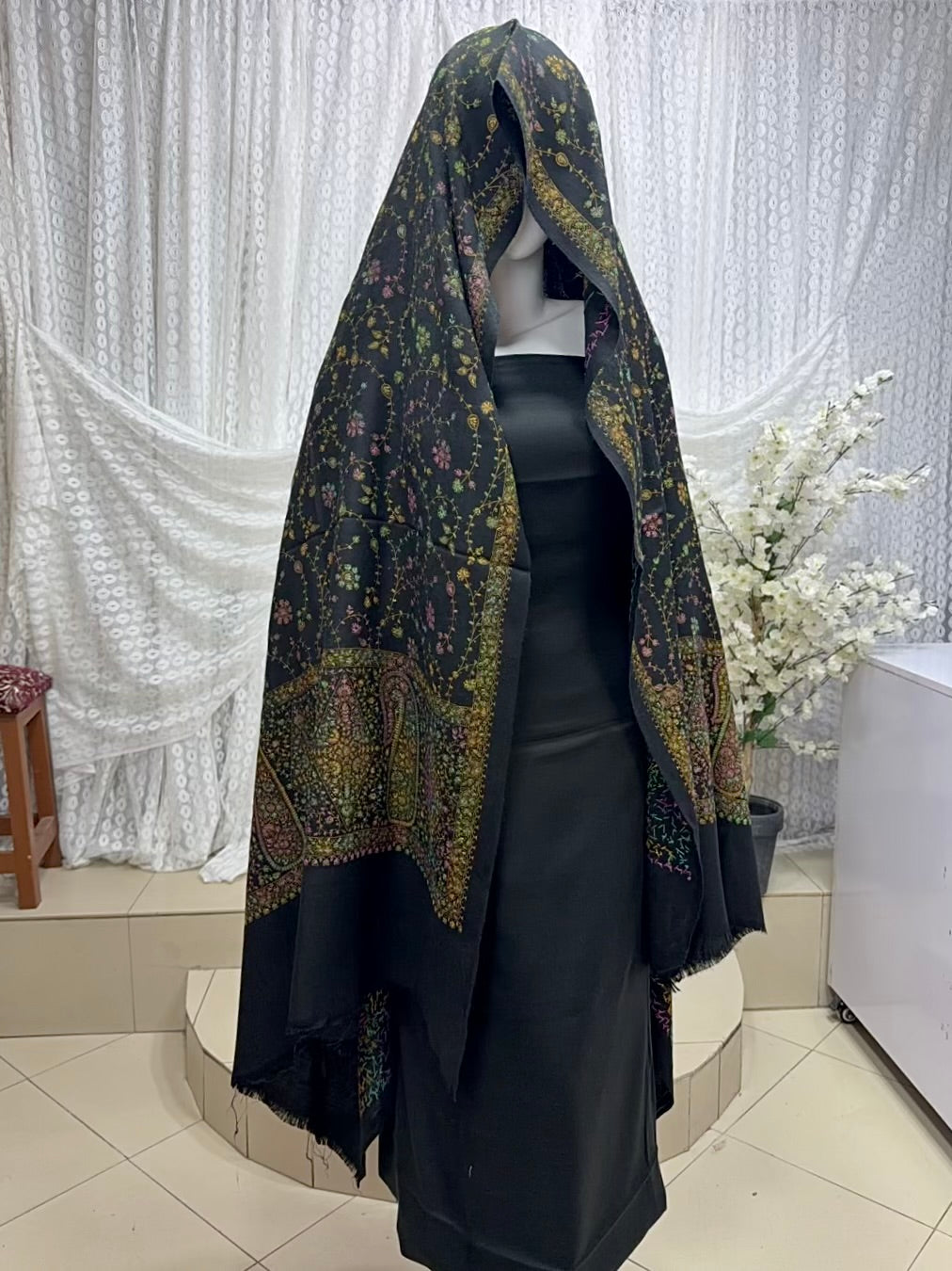Pashmina 3 Piece Suit | Hand Embroidered Shawl with Plain Suit | Black