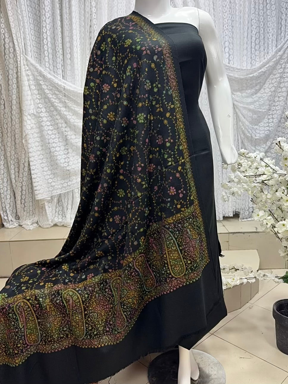 Pashmina 3 Piece Suit | Hand Embroidered Shawl with Plain Suit | Black