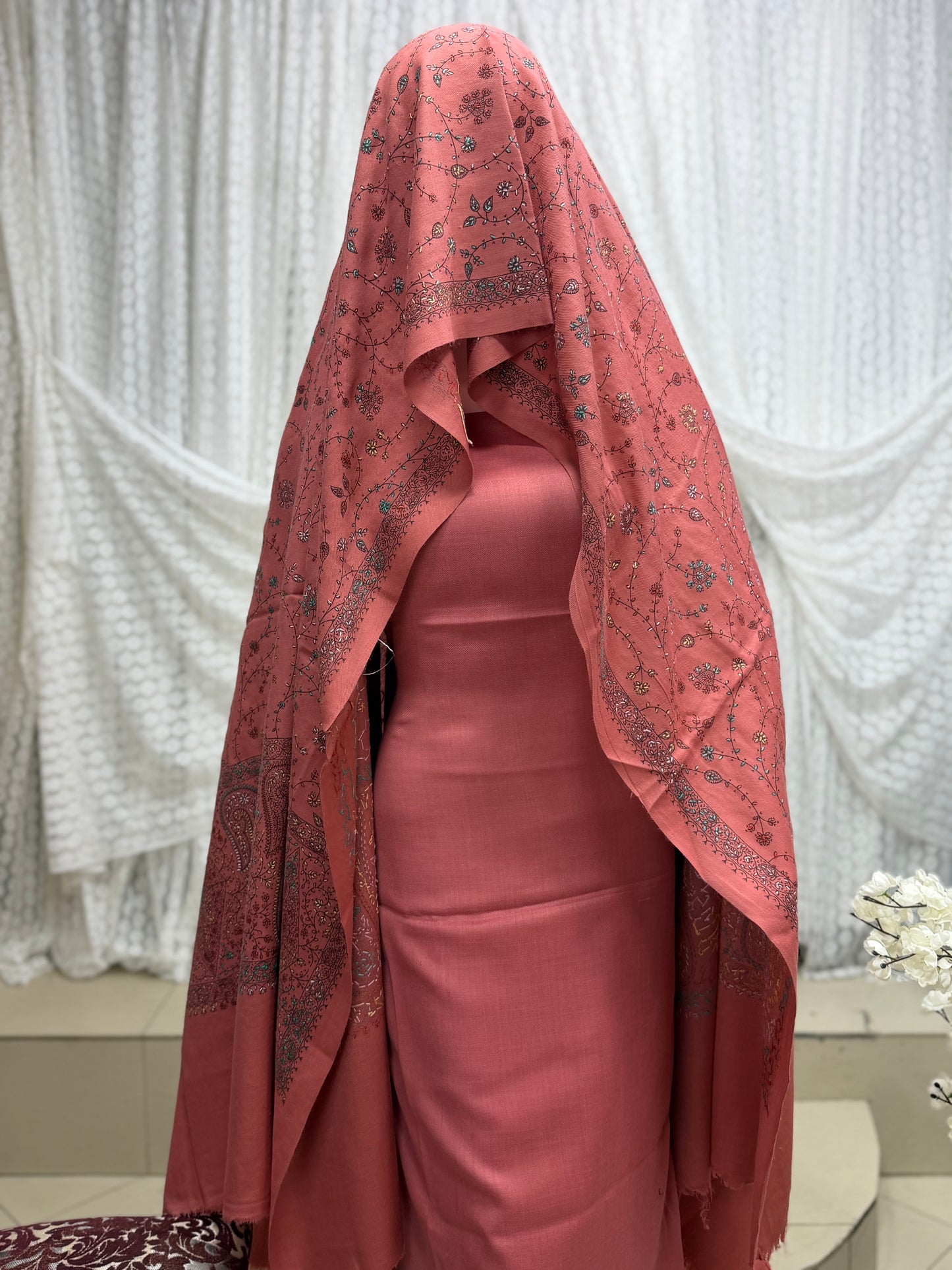 Pashmina 3 Piece Suit | Hand Embroidered Shawl with Plain Suit | Tea Pink