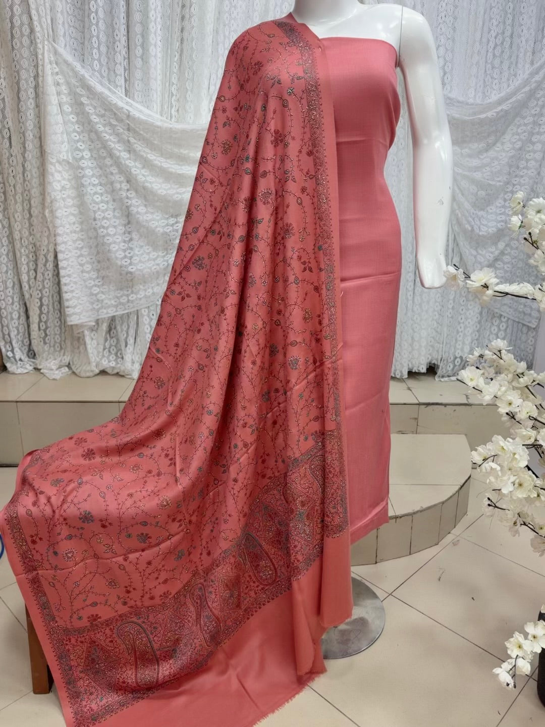 Pashmina 3 Piece Suit | Hand Embroidered Shawl with Plain Suit | Tea Pink