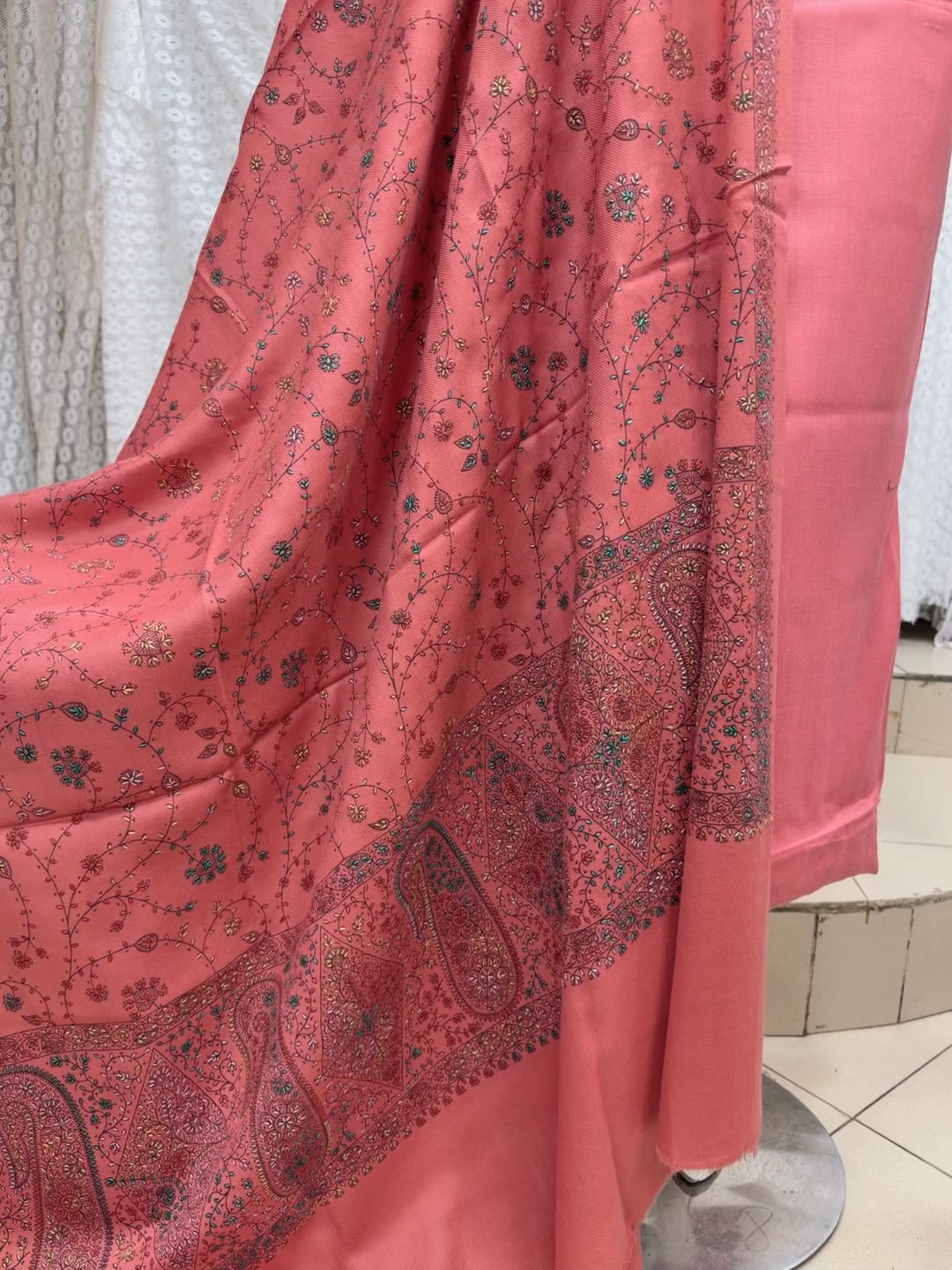 Pashmina 3 Piece Suit | Hand Embroidered Shawl with Plain Suit | Tea Pink