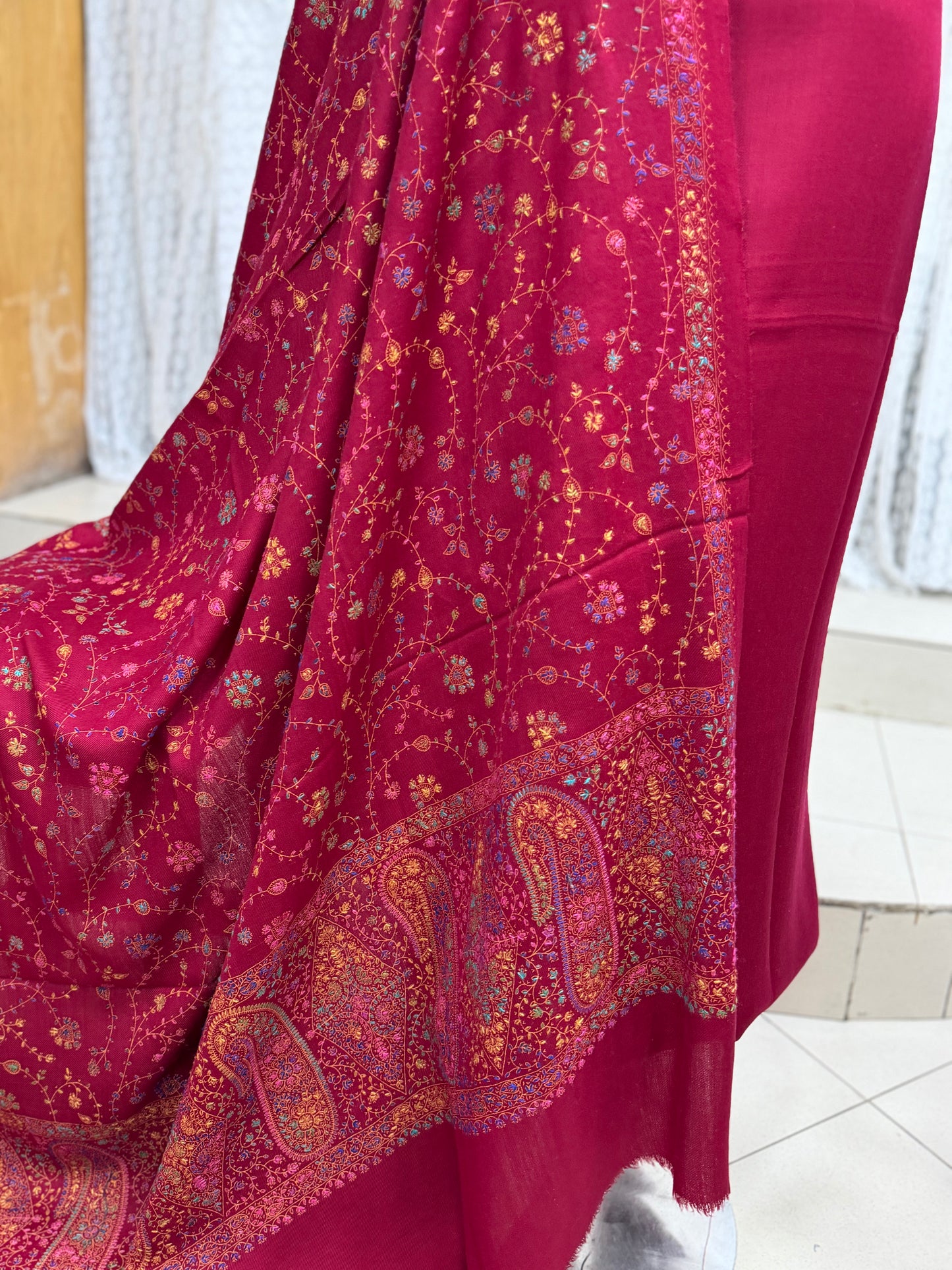 Pashmina 3 Piece Suit | Hand Embroidered Shawl with Plain Suit | Maroon