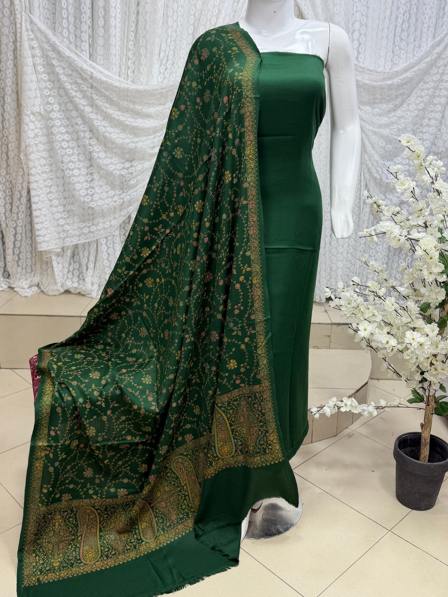 Pashmina 3 Piece Suit | Hand Embroidered Shawl with Plain Suit | Dark Green