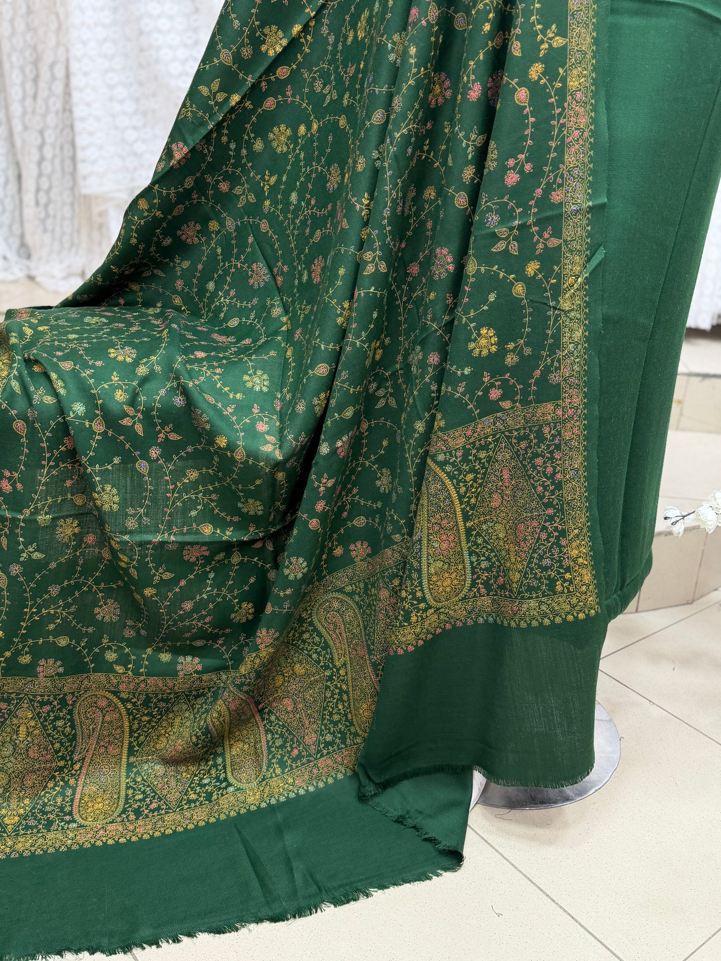 Pashmina 3 Piece Suit | Hand Embroidered Shawl with Plain Suit | Dark Green