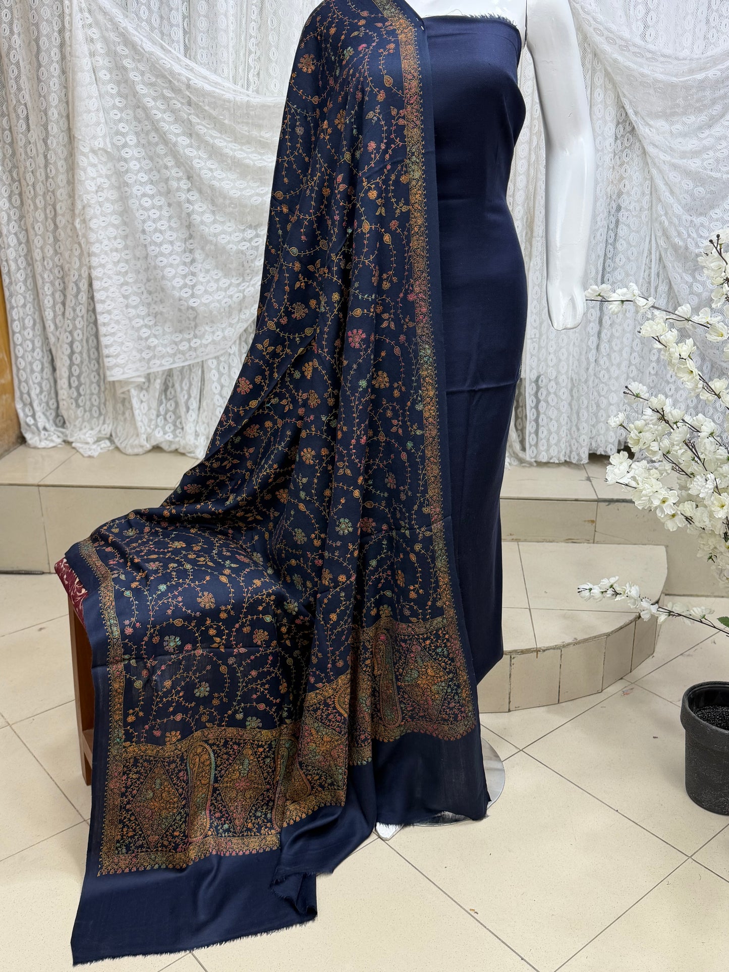 Pashmina 3 Piece Suit | Hand Embroidered Shawl with Plain Suit | Navy Blue