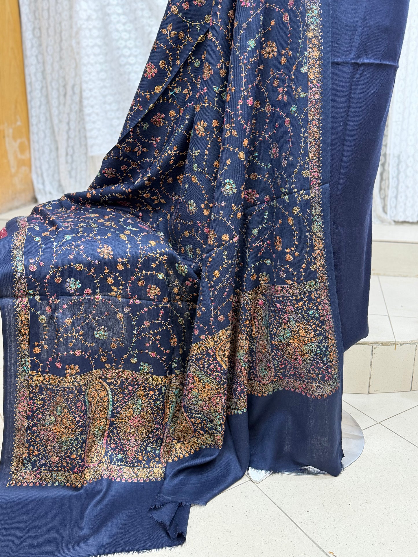 Pashmina 3 Piece Suit | Hand Embroidered Shawl with Plain Suit | Navy Blue