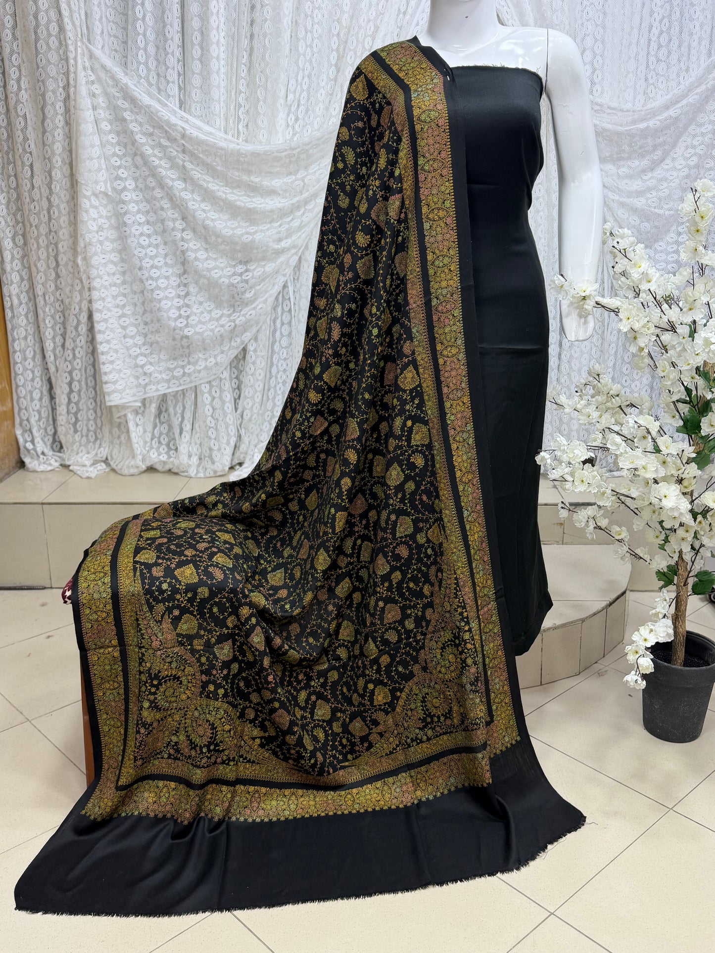 Pashmina 3 Piece Suit | Hand Embroidered Shawl with Plain Suit | Black