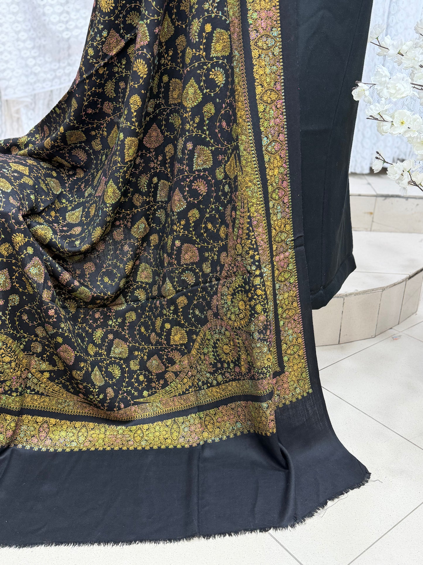 Pashmina 3 Piece Suit | Hand Embroidered Shawl with Plain Suit | Black