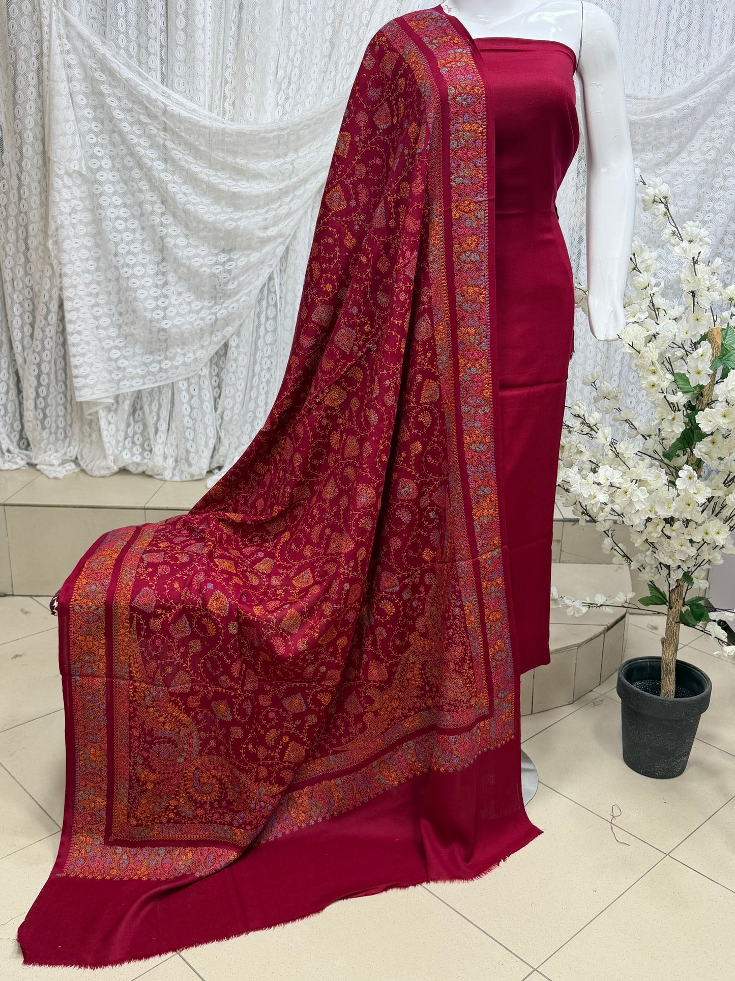 Pashmina 3 Piece Suit | Hand Embroidered Shawl with Plain Suit | Maroon