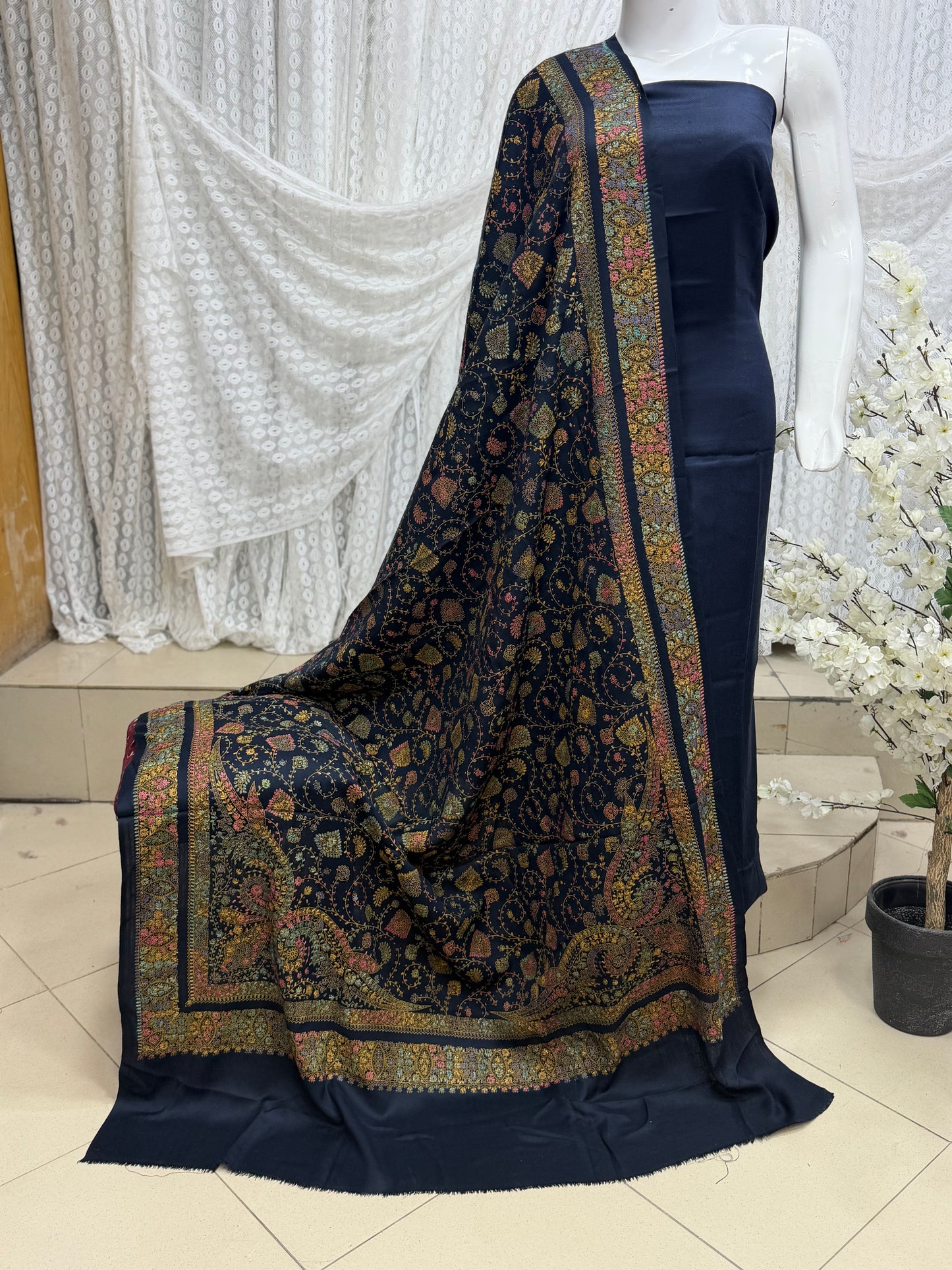 Pashmina 3 Piece Suit | Hand Embroidered Shawl with Plain Suit | Navy Blue