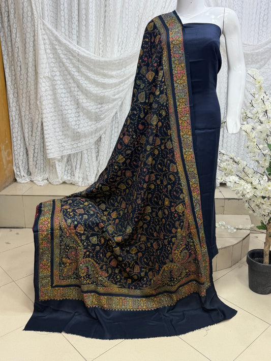 Pashmina 3 Piece Suit | Hand Embroidered Shawl with Plain Suit | Navy Blue