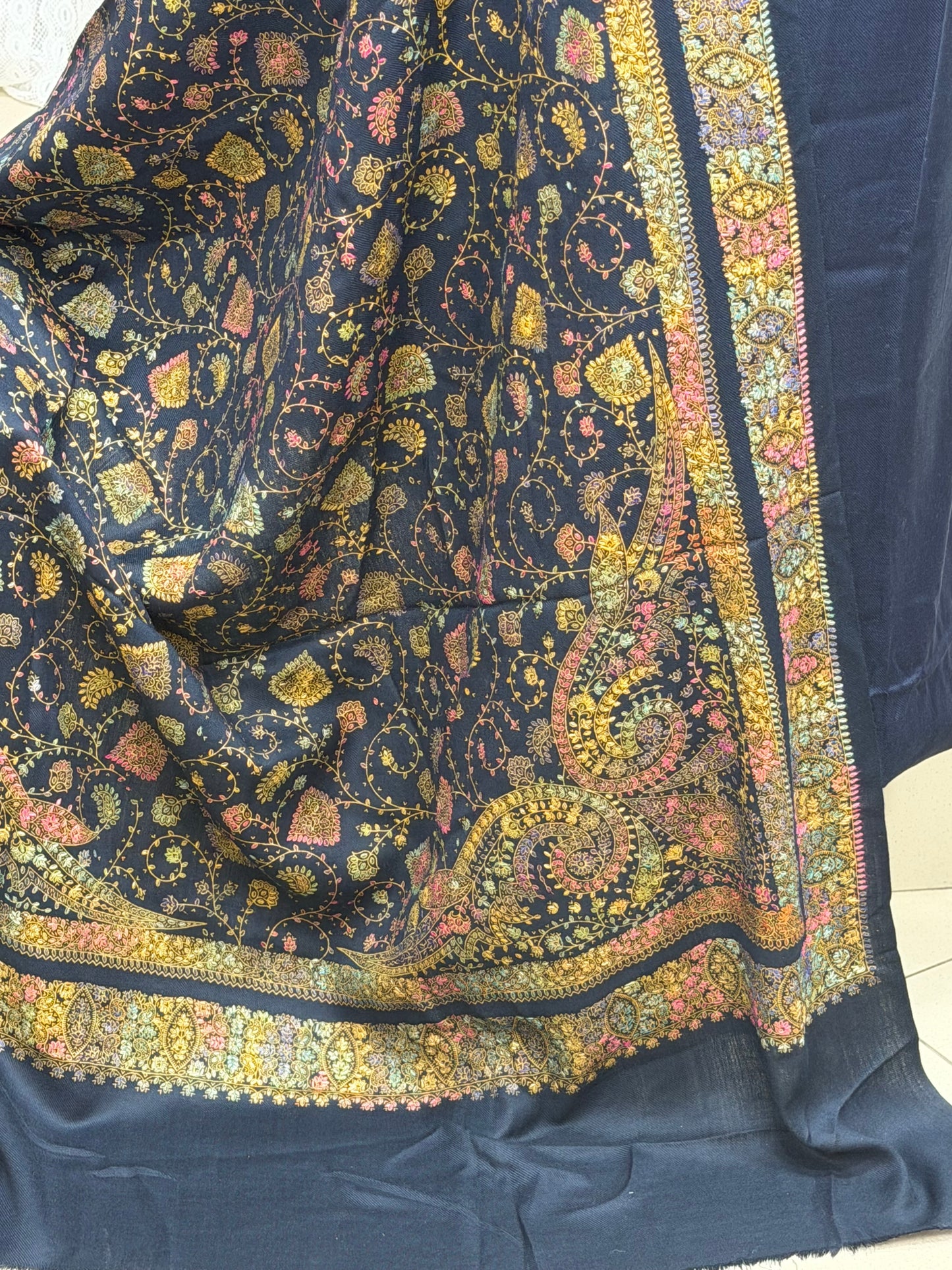 Pashmina 3 Piece Suit | Hand Embroidered Shawl with Plain Suit | Navy Blue