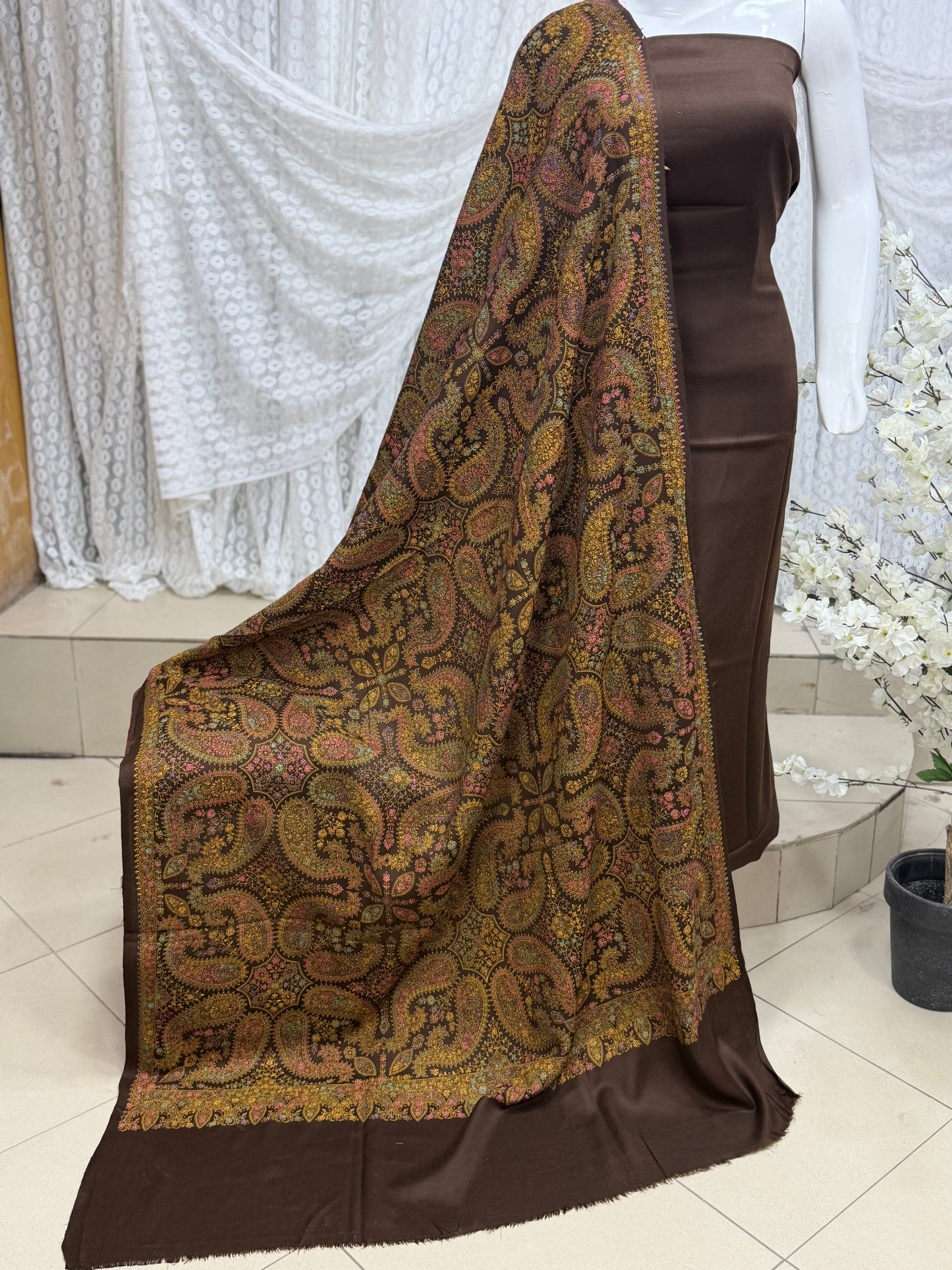 3 Piece Chikankari Suit With Pure Lawn Print Base Chikan Bore | Light Grey