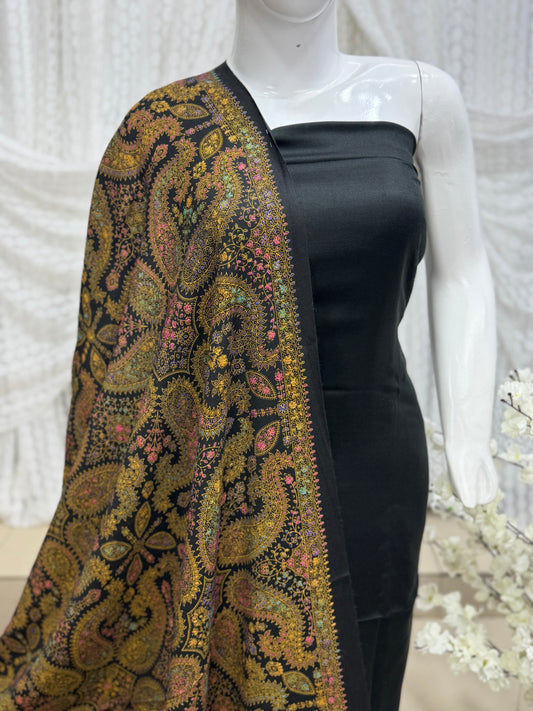 Pashmina 3 Piece Suit | Hand Embroidered Shawl with Plain Suit | Black