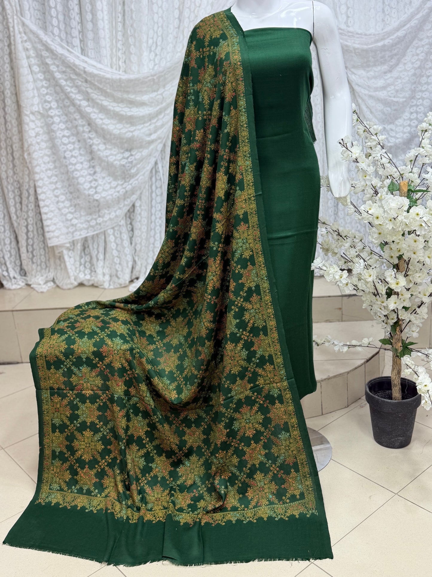 Pashmina 3 Piece Suit | Hand Embroidered Shawl with Plain Suit | Dark Green